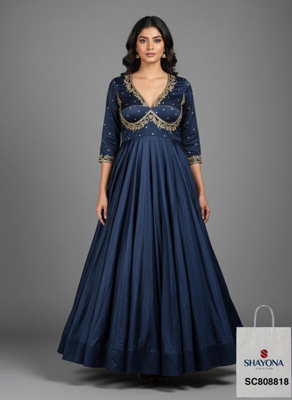 Designer Sabyasachi-Style Handwork Long Gown in Mul Cotton | Navy Blue | Sizes 36–46