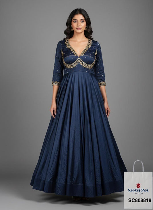 Designer Sabyasachi-Style Handwork Long Gown in Mul Cotton | Navy Blue | Sizes 36–46