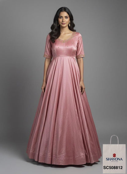 Designer Gajji Silk Handwork Long Gown | Baby Pink | Sizes 36–46 | Custom Size & Style Available