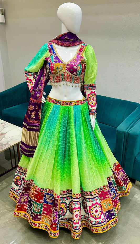 Green Bandhni Handwork Chaniya Choli with Multicolor Embroidered Blouse & Dupatta