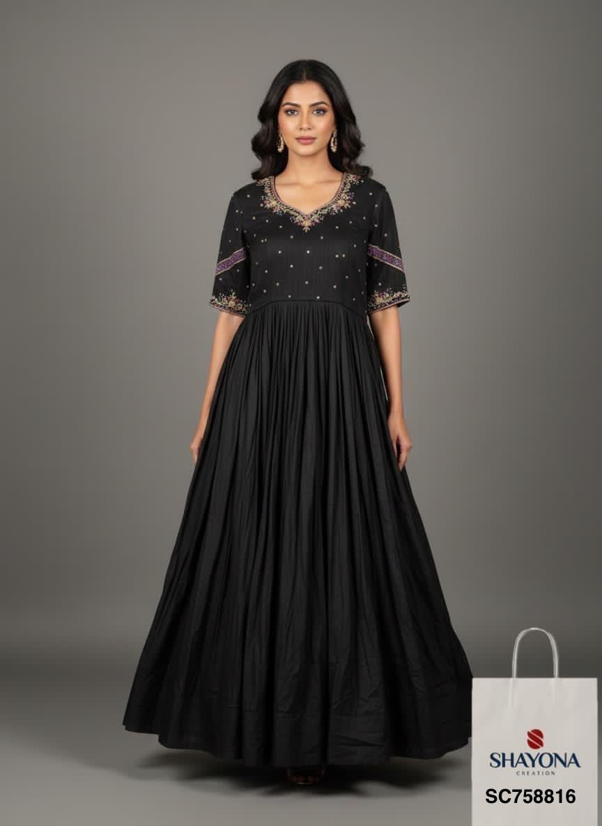 Designer Handwork Long Gown | Classic Black | Sizes 36–46