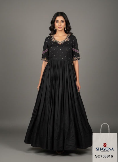 Designer Handwork Long Gown | Classic Black | Sizes 36–46