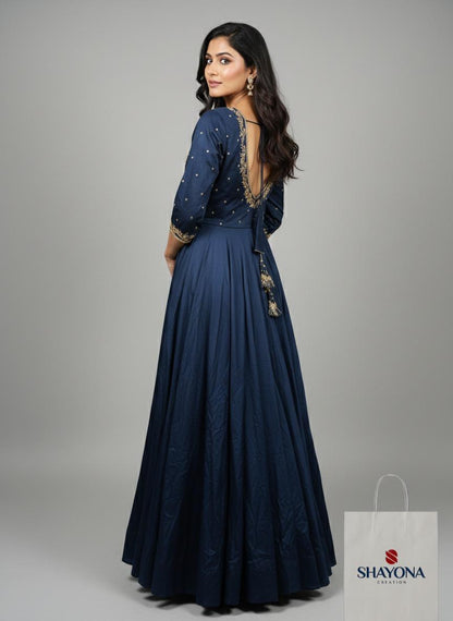 Designer Sabyasachi-Style Handwork Long Gown in Mul Cotton | Navy Blue | Sizes 36–46