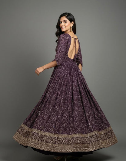 Designer Cotton Long Gown with Sequins Work | Wine Color | Sizes 36–40