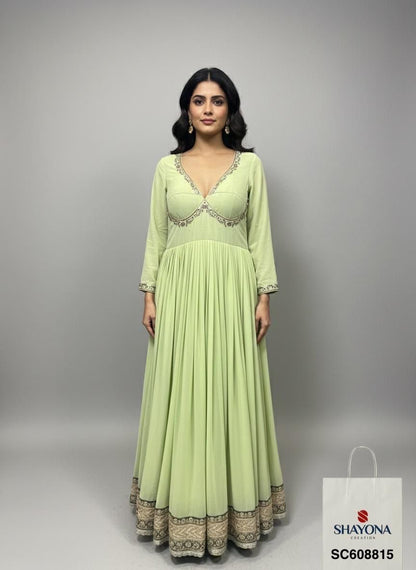 Designer Handwork Long Gown in Premium Georgette – Sabyasachi Style | Mint Green | Sizes 36–46