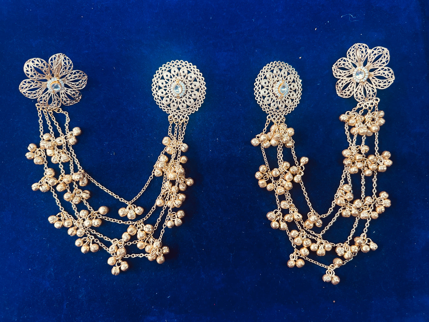 Gold Plated Bahubali Earring Sahare with Ghungroo Drops - Floral Filigree Kaanchain for Bridal & Festive Wear