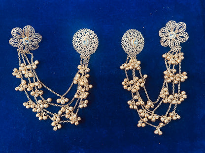 Gold Plated Bahubali Earring Sahare with Ghungroo Drops - Floral Filigree Kaanchain for Bridal & Festive Wear