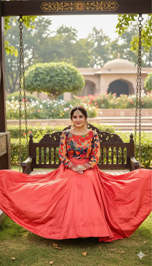 Designer Premium Orange Long Gown with Position Print Bodice & Rasgulla Full Flare