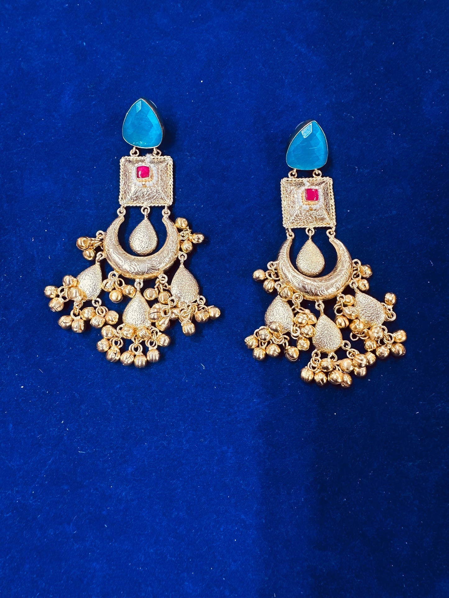 Traditional Matte Gold Chandbali Earrings with Faceted Stone Drops