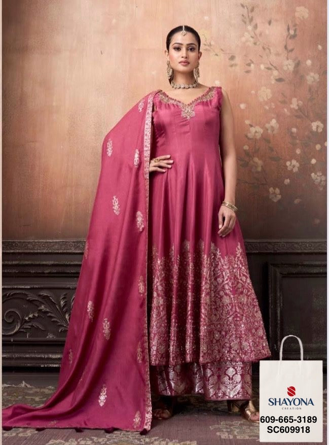 Premium Designer Muslin Silk Banarasi Anarkali Dress – Dusty Orange & Onion Pink