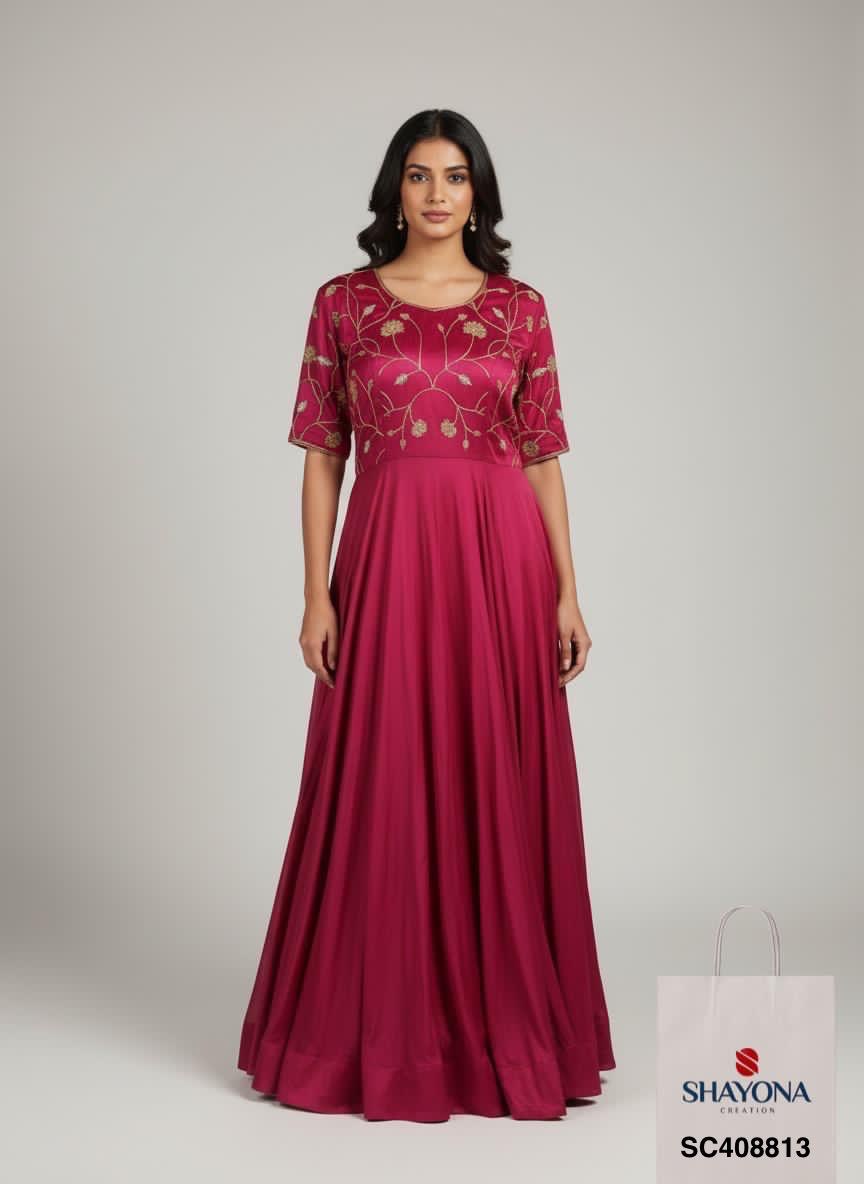 Designer Handwork Long Gown in Gajji Silk | Hot Pink | Sizes 36–46 | Custom Size Available