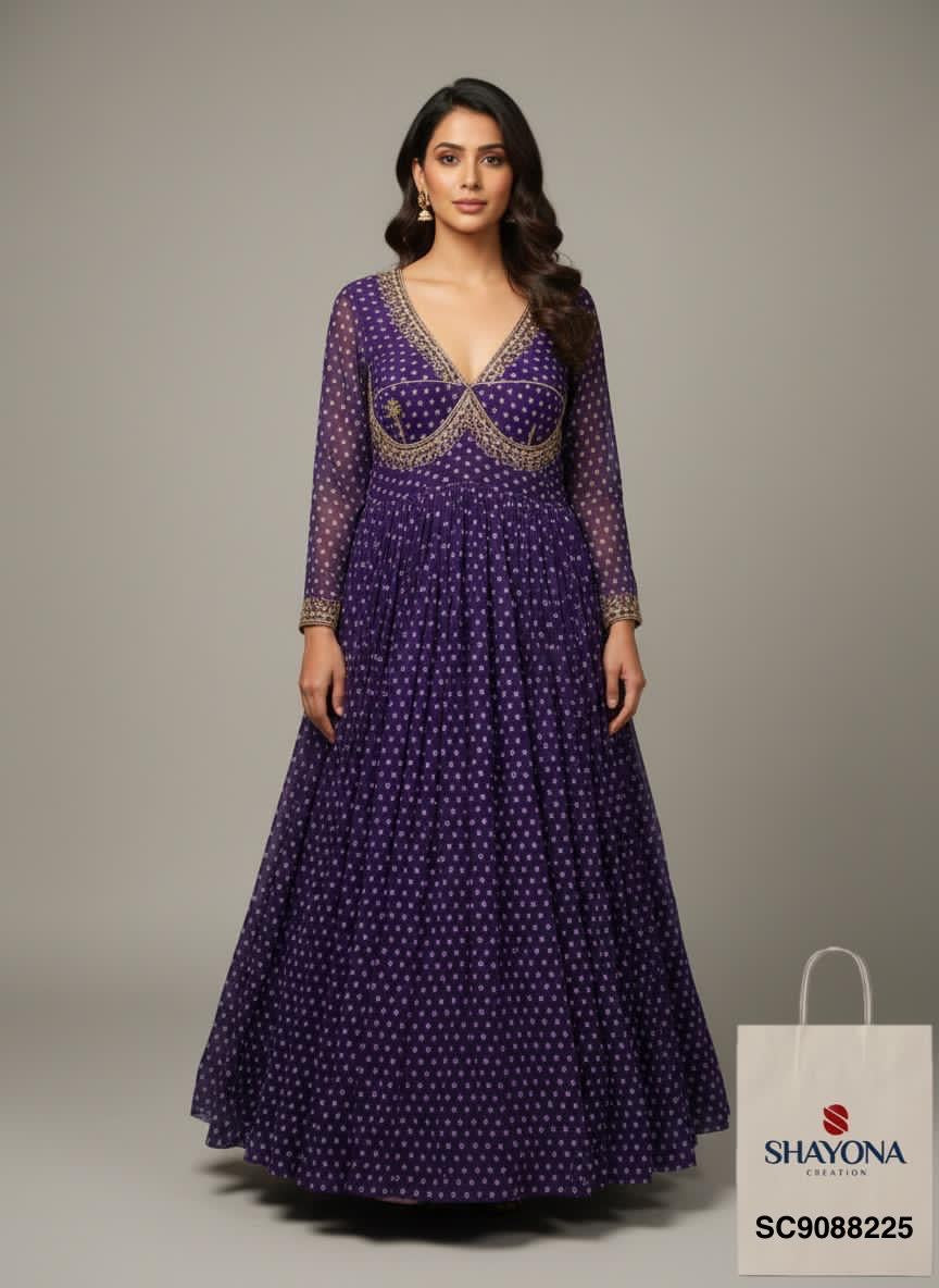Designer Heavy Georgette Bandhni Handwork Long Gown with Dupatta | Sabyasachi Style | Purple | Sizes 36–46 | Custom Fit Available