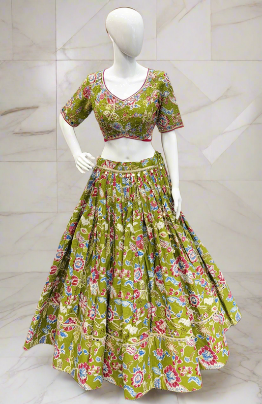 Unique Green Floral Print Designer Choli with Handwork & Full Flair (Size 36–44)