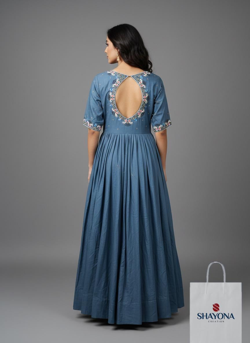 Designer Rama Blue Handwork Long Gown in Mul Cotton | Sizes 36-46 | Customizable & Plus Size Available