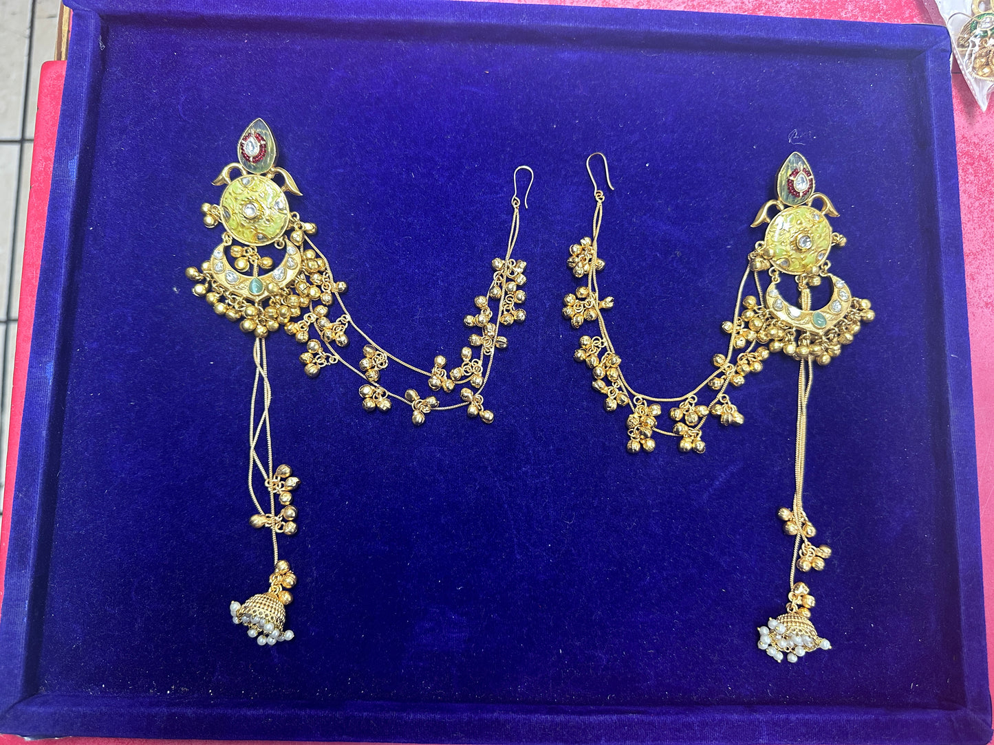 Kundan & Meenakari Bahubali Jhumka Earrings with Multi-Layered Sahare Chains