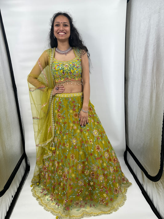 Lime Green Floral Embroidered Net Lehenga Choli with Dupatta