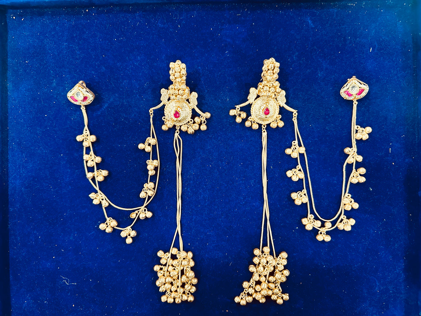 Antique Gold Bahubali Earrings with Layered Ghungroo Ear Chains – Traditional Sahare Jewelry