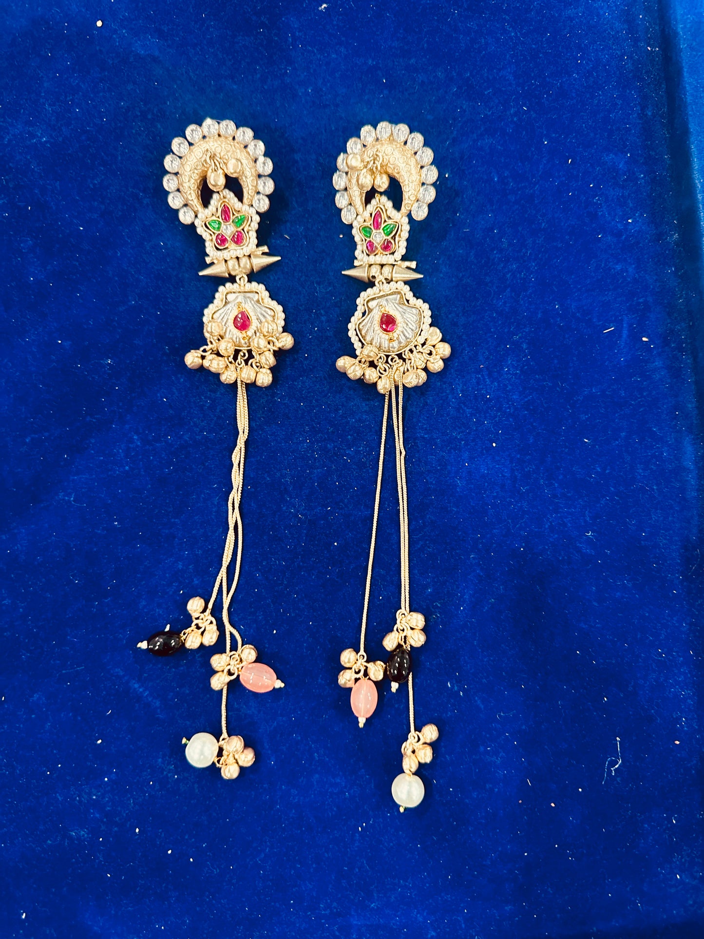 Traditional Indian Gold-Plated Long Tassel Earrings with Multi-Color Beads and Ghungroo - Antique Temple Jewelry for Weddings