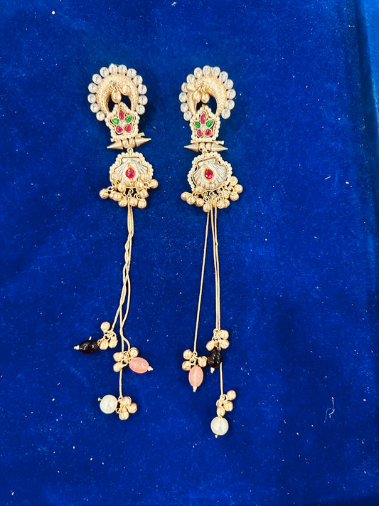 Traditional Indian Gold-Plated Long Tassel Earrings with Multi-Color Beads and Ghungroo - Antique Temple Jewelry for Weddings