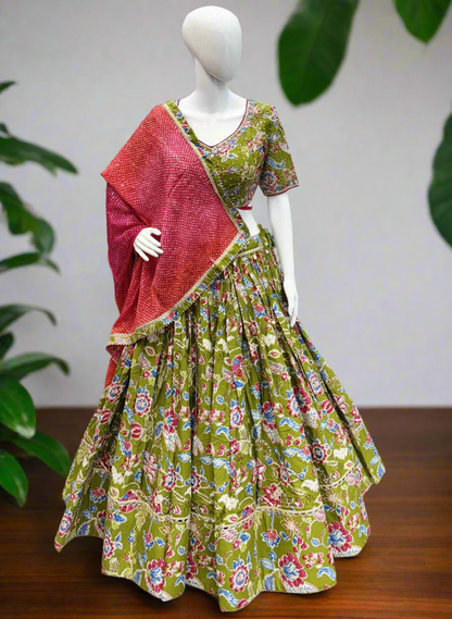 Unique Green Floral Print Designer Choli with Handwork & Full Flair (Size 36–44)