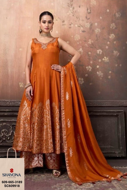 Premium Designer Muslin Silk Banarasi Anarkali Dress – Dusty Orange & Onion Pink