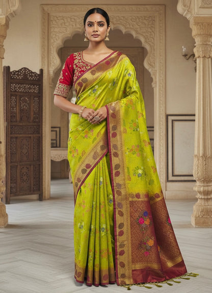 💚 Royal Lime Green Banarasi Silk Saree with Designer Blouse 💚