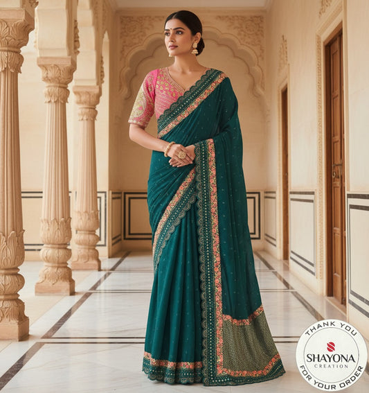 Deep Teal Georgette Saree with Scalloped Border & Rani Pink Embroidered Blouse - Fits Sizes 36-44