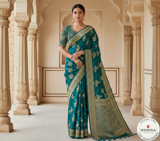 Royal Teal Blue Banarasi Silk Saree with Peacock Zari Motifs & Embroidered Blouse - Fits 36-44
