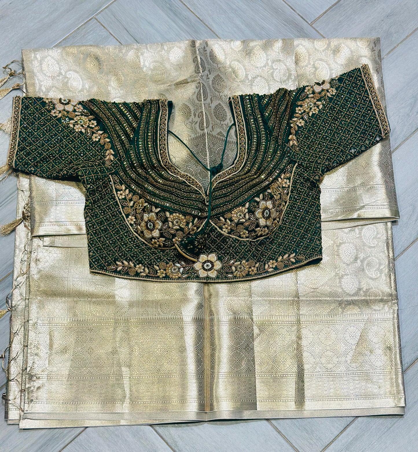 Elegant Emerald Green Embroidered Blouse with Champagne Gold Silk Saree Set - Fits Sizes 36-44