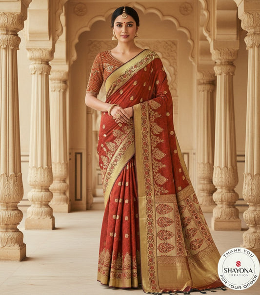 Rust Red Banarasi Silk Saree with Antique Gold Zari Border & Embroidered Blouse - Fits Sizes 36-44