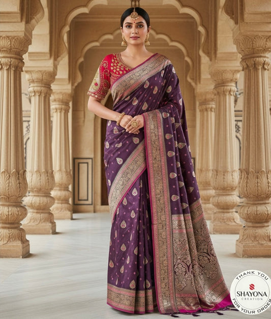 Royal Purple Wedding Saree with Heavy Worked Rani Pink Blouse - Adjustable Multi-Size Fit