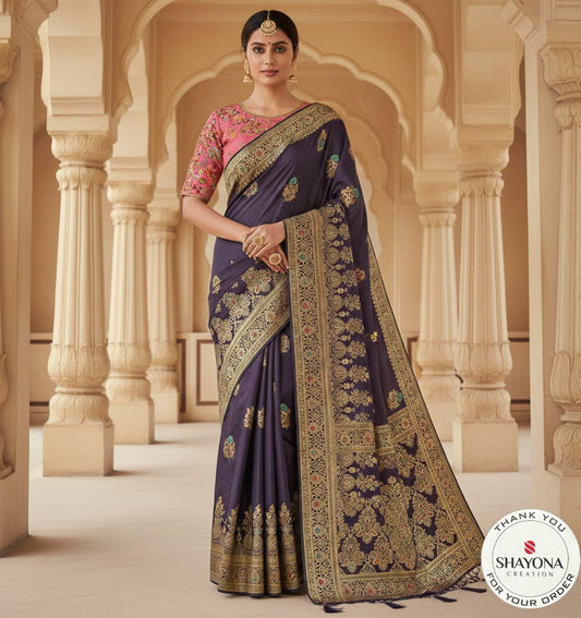 Deep Navy Silk Saree with Rani Pink Embroidered Blouse | Gold Zari Border - Sizes 36-44