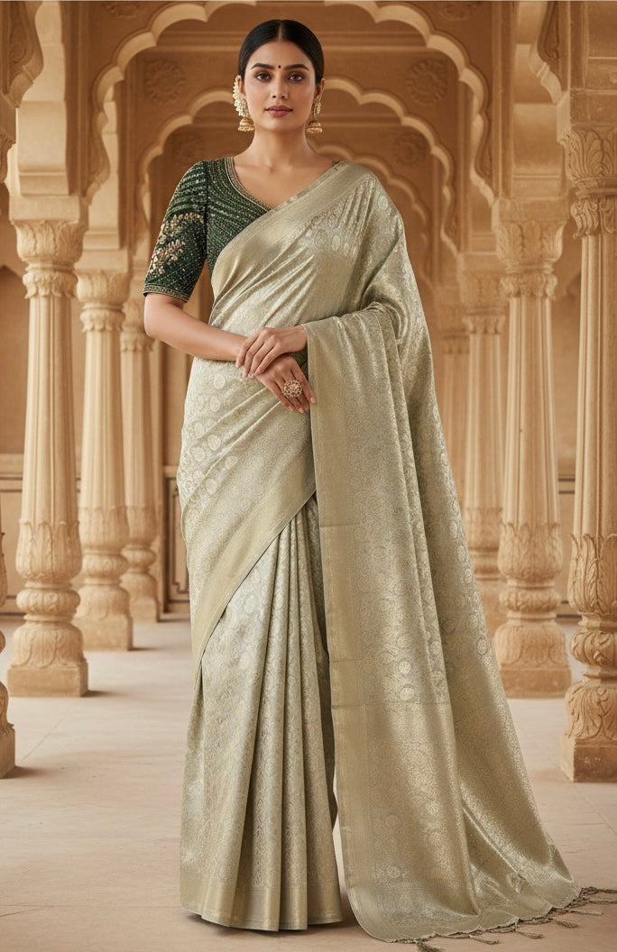 Elegant Emerald Green Embroidered Blouse with Champagne Gold Silk Saree Set - Fits Sizes 36-44
