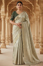 Elegant Emerald Green Embroidered Blouse with Champagne Gold Silk Saree Set - Fits Sizes 36-44