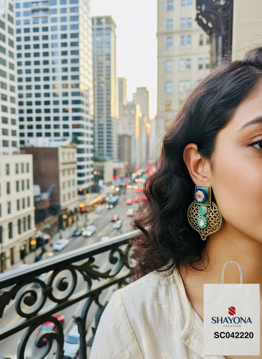 Dual-Tone Statement Kundan Stud Earrings – Multi Color Stones