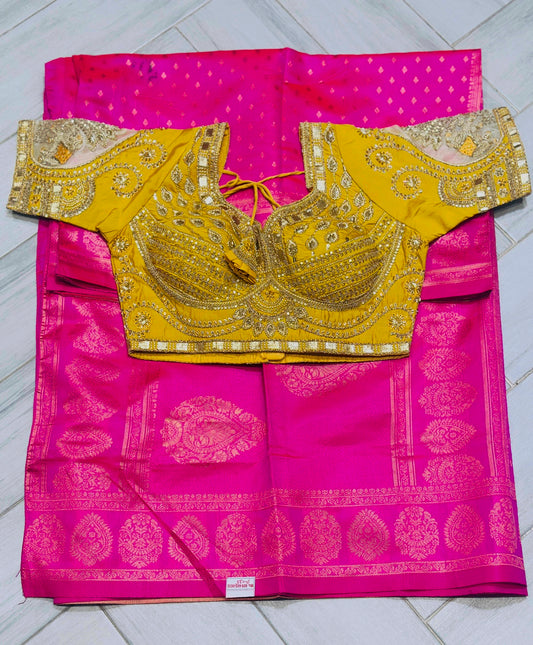 Royal Pink Kanjivaram Silk Saree with Rich Gold Zari Border & Designer Blouse (Fits 36–44)