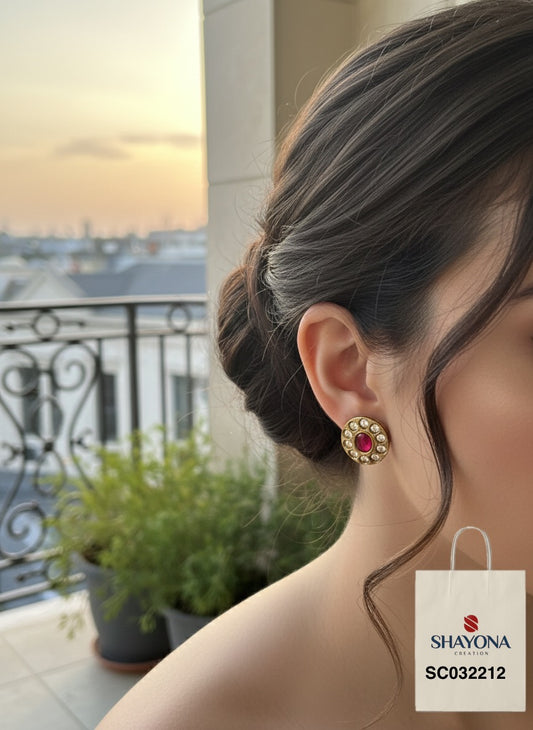 Premium Victorian Polish Masonite Stud Earrings – Emerald Green & Ruby Pink