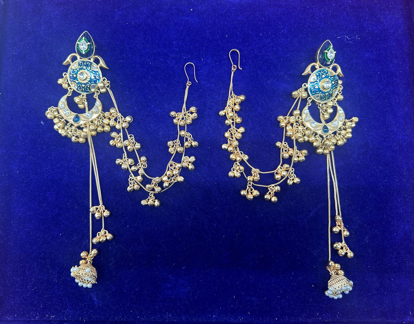 Kundan & Meenakari Bahubali Jhumka Earrings with Multi-Layered Sahare Chains
