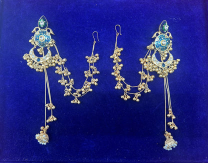 Kundan & Meenakari Bahubali Jhumka Earrings with Multi-Layered Sahare Chains