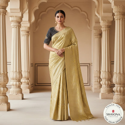 Elegant Gold Silk Saree with Subtle Jacquard Weave & Designer Dark Blue Blouse (Fits 36–44)