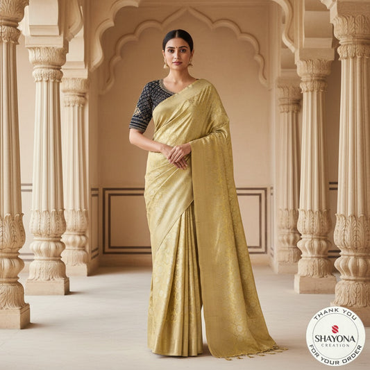 Elegant Gold Silk Saree with Subtle Jacquard Weave & Designer Dark Blue Blouse (Fits 36–44)
