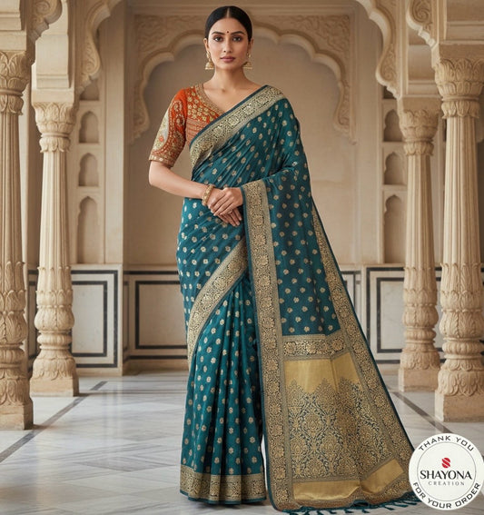 Deep Teal Blue Silk Saree with Rust-Orange Embroidered Blouse | Gold Zari Butti - Sizes 36-44
