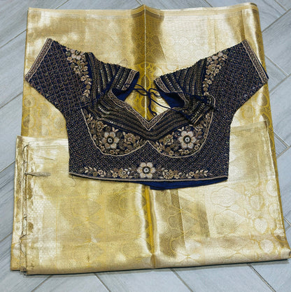 Elegant Gold Silk Saree with Subtle Jacquard Weave & Designer Dark Blue Blouse (Fits 36–44)