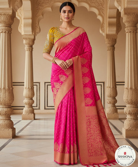 Royal Pink Kanjivaram Silk Saree with Rich Gold Zari Border & Designer Blouse (Fits 36–44)