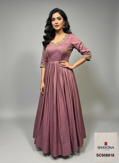 Designer Georgette Tissue Handwork Long Gown – Onion Pink (Size 38–46)