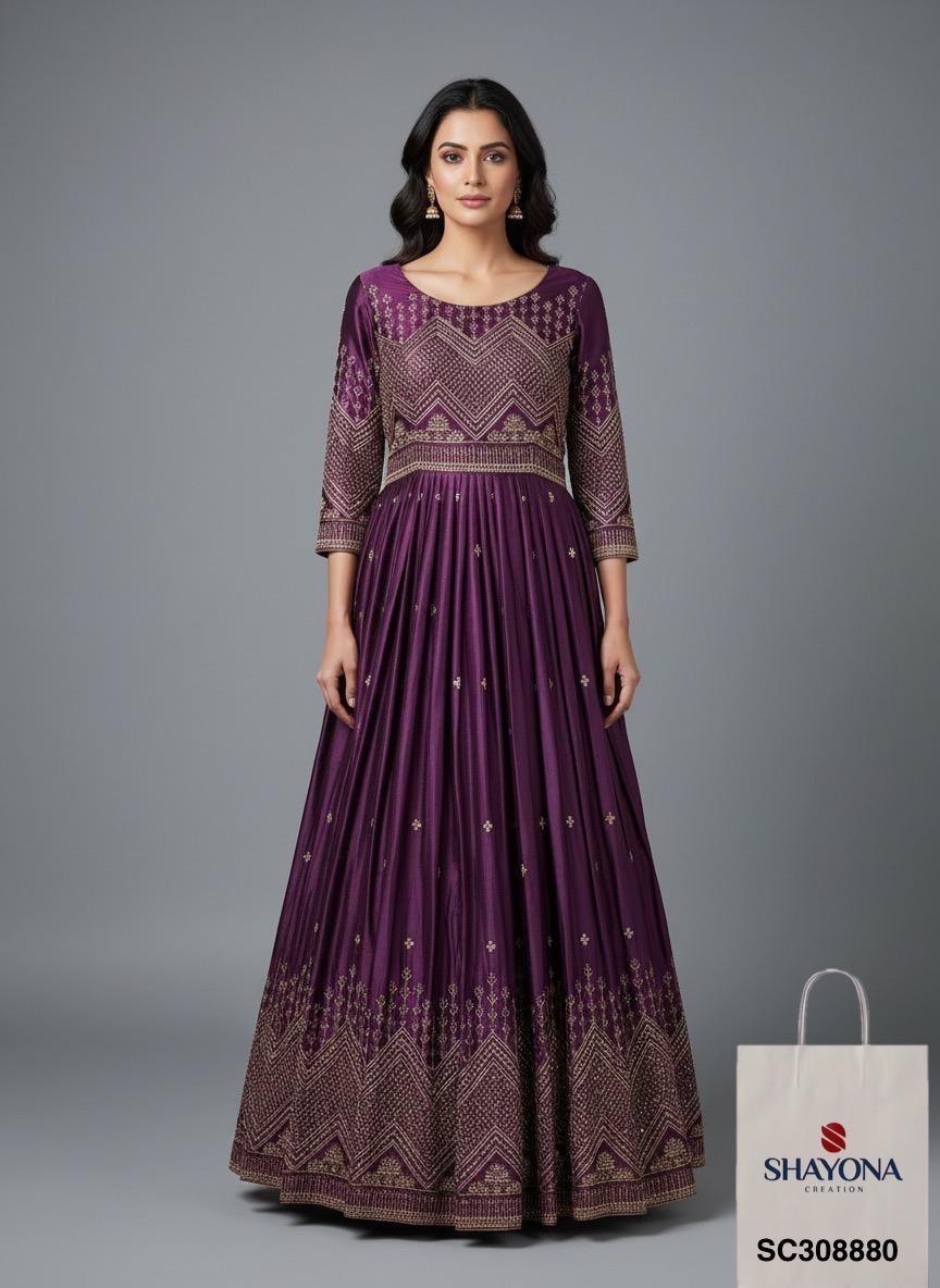 Designer Gajji Silk Long Gown with Thread & Sequin Work | Wine Color | Sizes 38–44
