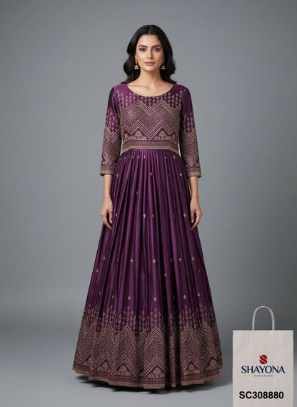 Designer Gajji Silk Long Gown with Thread & Sequin Work | Wine Color | Sizes 38–44