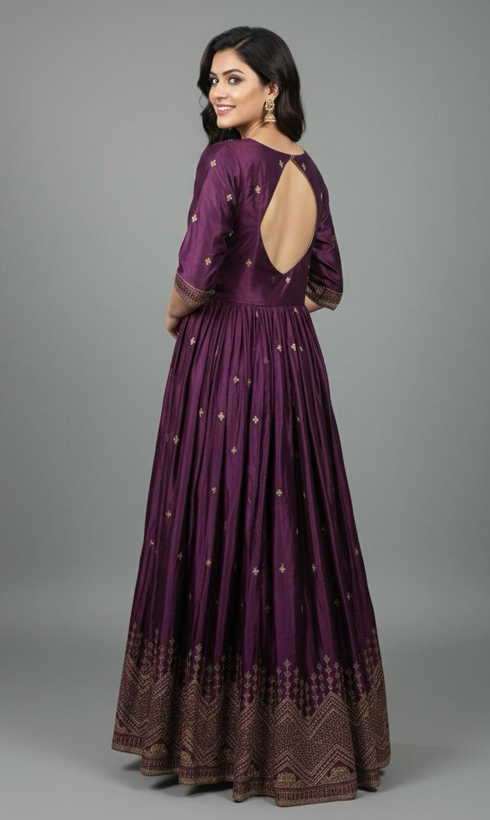 Designer Gajji Silk Long Gown with Thread & Sequin Work | Wine Color | Sizes 38–44