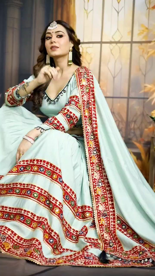 Designer Mint Green Cotton Chaniya Choli with Full Flair, Rubber Print & Mirror Cut Work