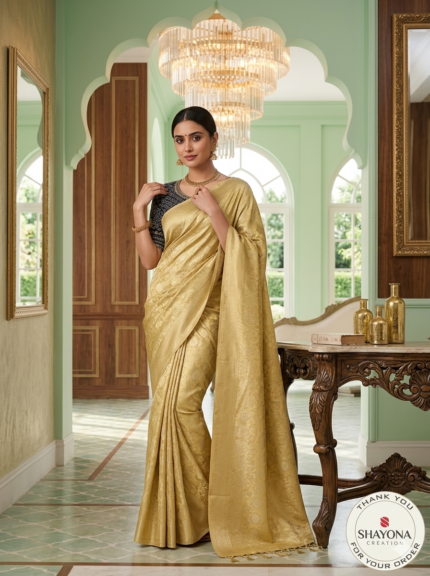 Elegant Gold Silk Saree with Subtle Jacquard Weave & Designer Dark Blue Blouse (Fits 36–44)